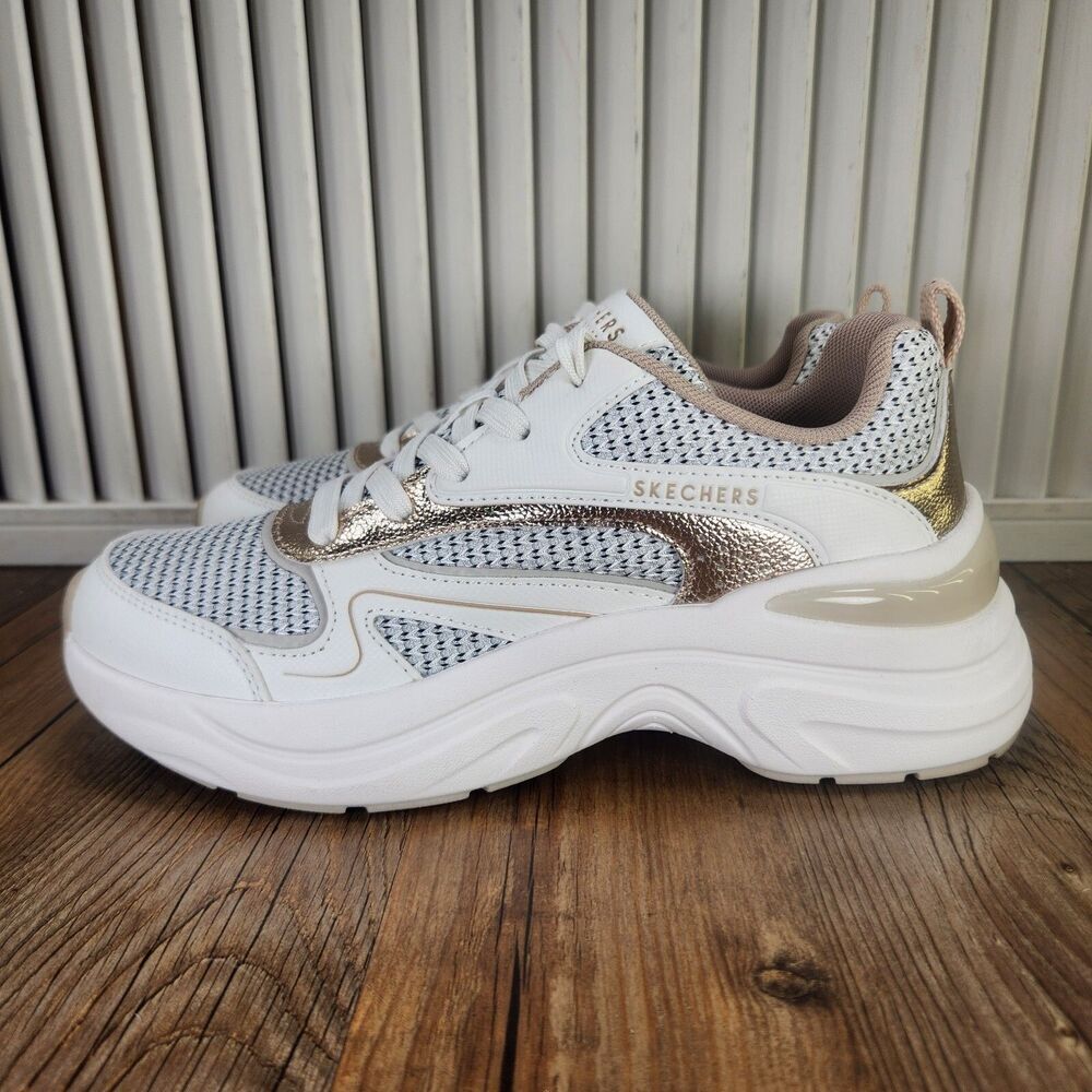 Skechers Street Hazel Metallic Womens Sz 7 White Gold Sport Walking Shoes 177566 - Picture 3 of 9